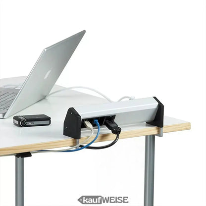 BACHMANN DESK Tischsteckdose 3-fach Aluminium mit Laptop und Kabeln