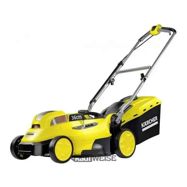 Gelber und schwarzer Karcher Akku-Rasenmäher mit 36cm Schnittbreite in Aktion