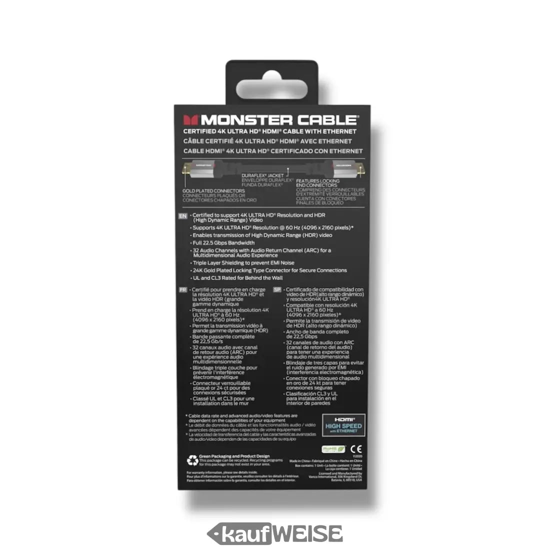 Monster Essentials HDMI Kabel 1,8m Verpackung für 4K Ultra HD Anzeige