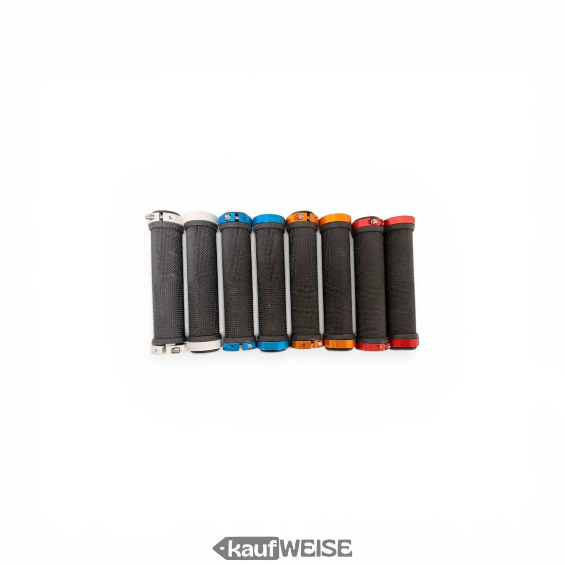 Set aus sieben urban armor fahrradgriffen mit rutschfesten schwarzen gummihüllen und bunten metallkappen